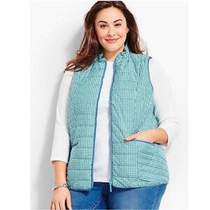 Talbots Green White Gingham Plaid Blue Trimmed Quilted Vest Zip Front Size 1X